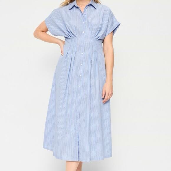 Old Navy Dresses & Skirts - Old Navy Pintuck Waist Midi Shirt Dress Blue White Stripe XL 100% Cotton NWT